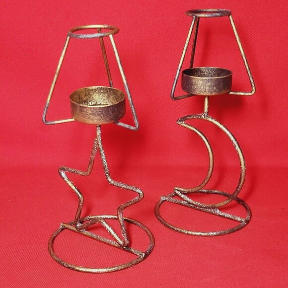 Metal Star Moon Tea Light Candle Holder Set of 2 - Picture 10 of 10